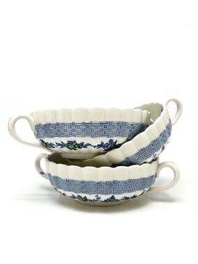 Copeland Spode Blue Belle Set of 3 Double Handle Cream Soup Bowl Antique Vintage